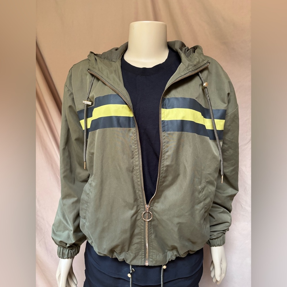Olive Green Hooded Jacket with Yellow Stripe